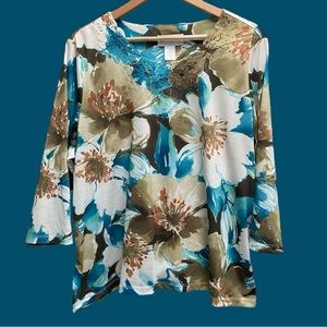 Alfred Dunner Teal/Olive/Gold‎ floral Print with Embroidered Neckline